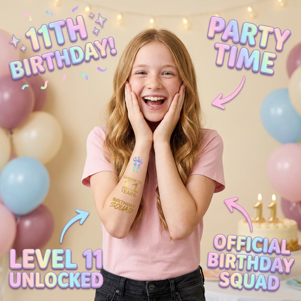 11th Birthday Temporary Tattoos - 4 Sheets - Funny Birthday Party Favors for Him or Her - Birthday Party Supplies, Gifts and Decorations
