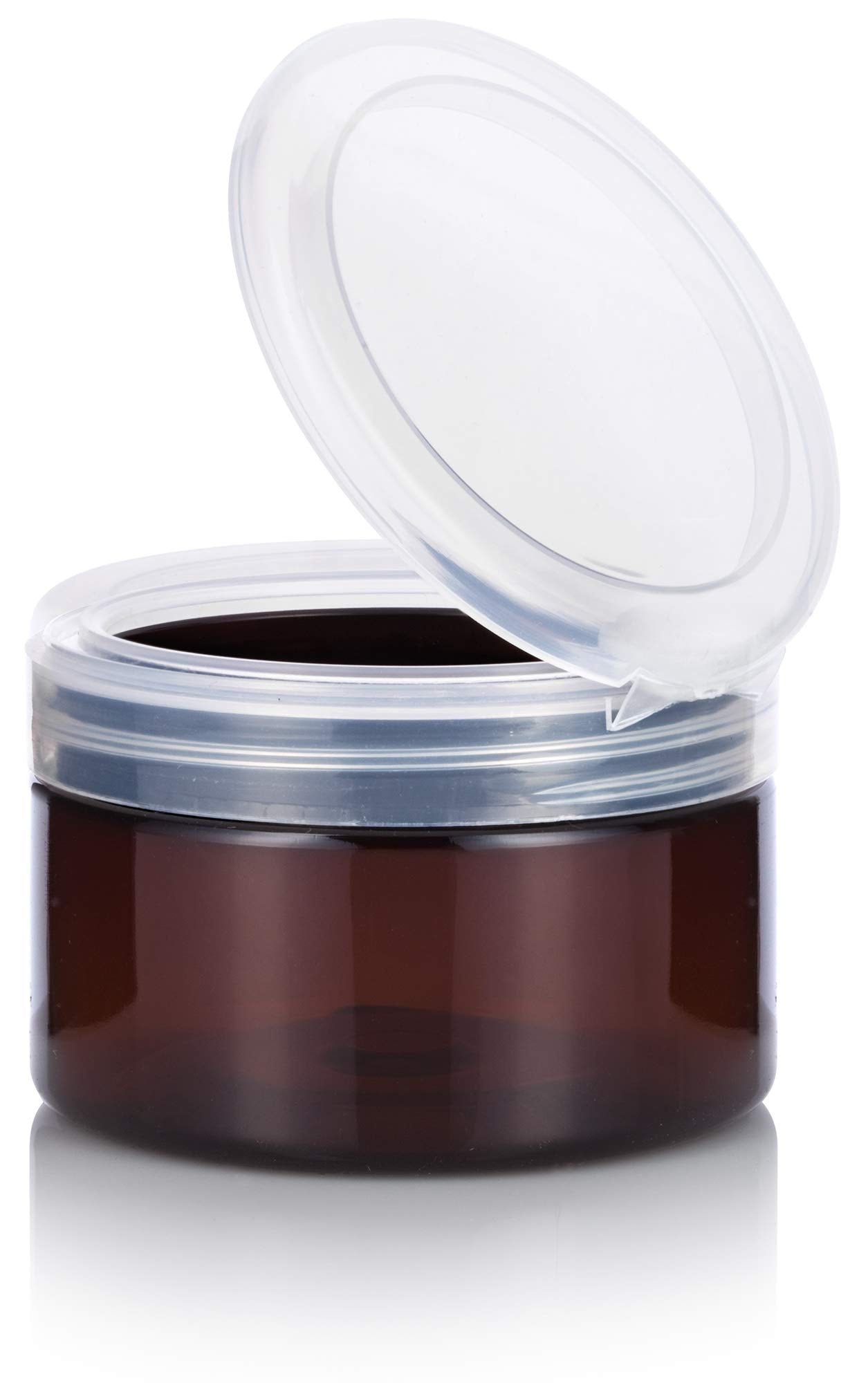 (12 pack) 4 oz Amber PET Plastic Low Profile Jar with Clear Natural Flip Top
