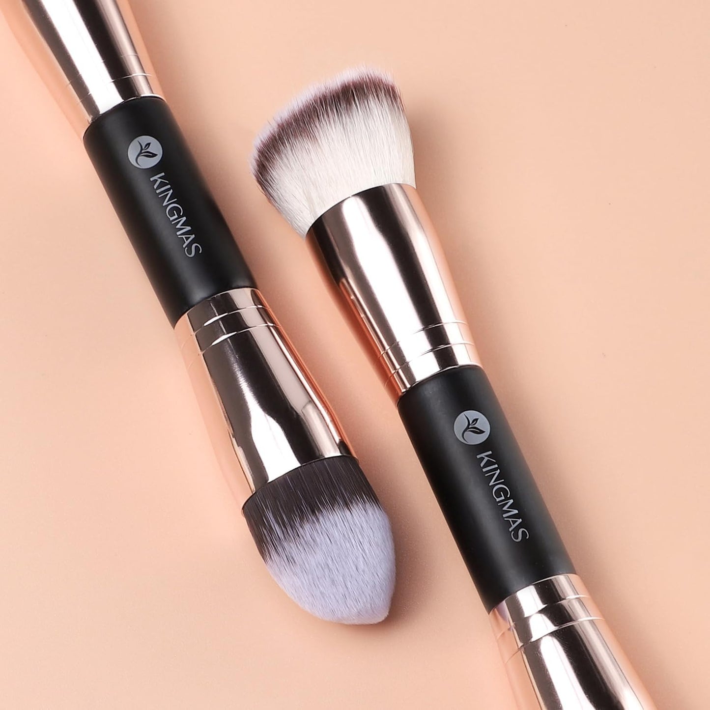KINGMAS Foundation Makeup Brush, Premium Kabuki Brush, Double-Ended Contour Brush (Flat/Angled Round Top) for Blending Liquid Powder Concealer Cream Blush Makeup Brush