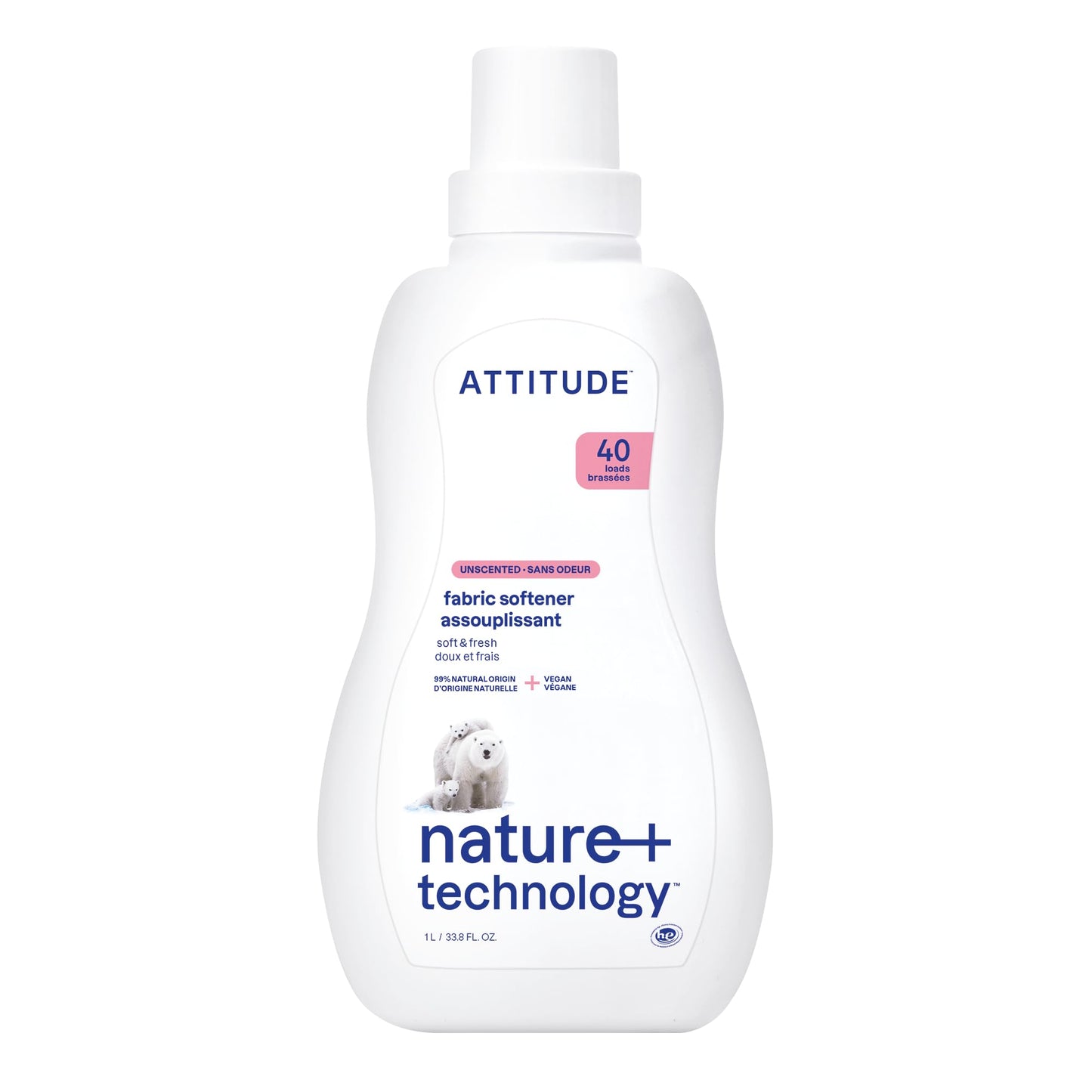ATTITUDE Liquid Fabric Softener, Plant-Based & Vegan, HE Compatible, Naturally Derived, Unscented, 40 Loads, 33.8 Fl Oz