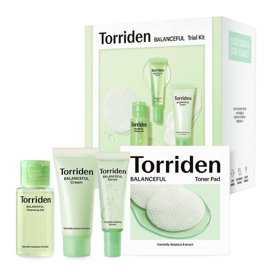 Torriden BALANCEFUL Cica Trial Kit, 5D Cica Infused Daily Skincare Kit - 4 Step Regimen with Cleansing Gel, Toner Pad, Serum, and Cream | Travel Essential | Korean Skin Care Set