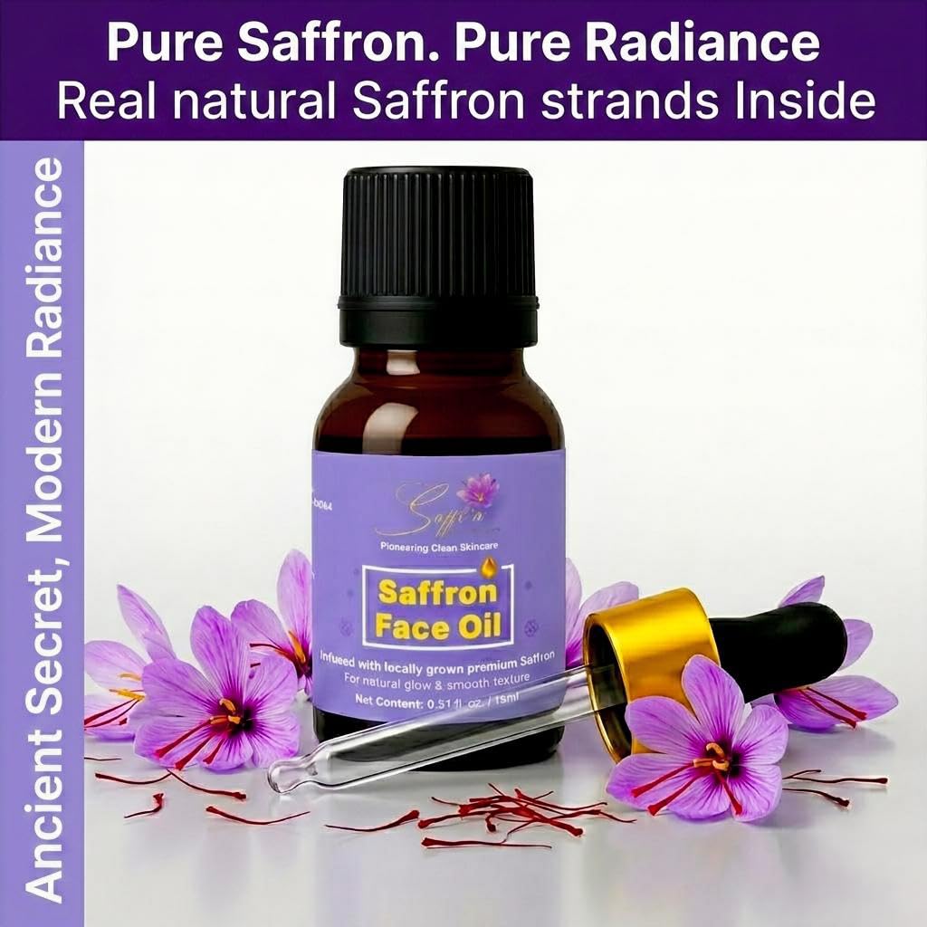 Saffr'n Brightening & Hydrating Face Oil with real and natural Saffron Strands, Squalene, Jojoba, Green Tea | 0.5 fl oz.