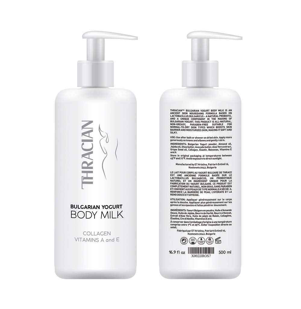 Thracian Bulgarian Yogurt Natural Moisturizing Body Milk with Essential Oils, Collagen, Vitamins E & A, Extra Soothing Lotion for Sensitive and Dry Skin, Non-Greasy, 500 ml, 16.9 Fl Oz