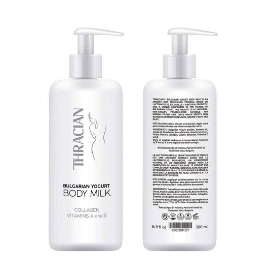 Thracian Bulgarian Yogurt Natural Moisturizing Body Milk with Essential Oils, Collagen, Vitamins E & A, Extra Soothing Lotion for Sensitive and Dry Skin, Non-Greasy, 500 ml, 16.9 Fl Oz