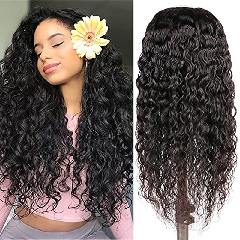 huarisi U Part Wig Water Wave Hair for Women, 100% 10A 1b Brazilian Hair, Glueless Full Head Clip in Half Wigs U Shape Wigs, 150% Density Natural Color (22 Inch)