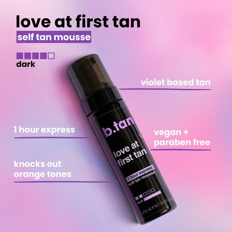 b.tan Violet Base Self Tanner Mousse | Love At First Tan - Best, 1 Hour Express Sunless Tanning Foam, Cancels Orange Tones, Dark Bronzing Glow, No Fake Tan Smell, Face & Body, 6.7 Fl Oz