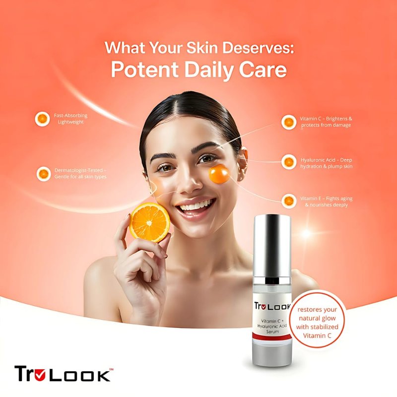 TruLook Vitamin C + hyaluronic Acid Serum for face, Anti Aging, Anti Wrinkle, Improves Dark Spots, Tone, & Fine Lines Made in USA