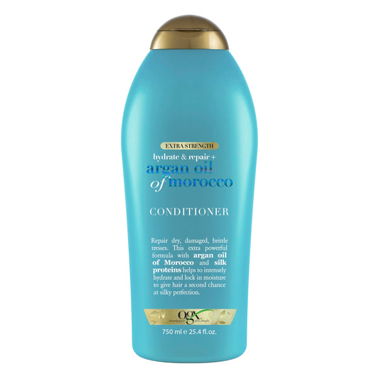 OGX Extra Strength Hydrate & Repair + Argan Oil of Morocco Conditioner for Dry, Damaged Hair, Cold-Pressed Argan Oil to Moisturize Hair, Paraben-Free, Sulfate-Free Surfactants, 25.4 Fl Oz