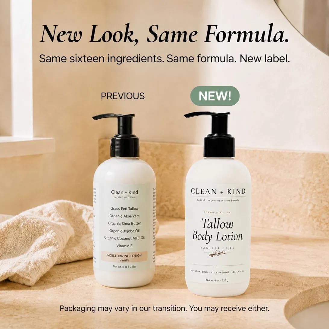 Clean + Kind Vanilla Tallow Body Lotion — Hydrating Non-Toxic Natural Body Moisturizer & Cream, Grass-Fed Beef, Organic Shea, Jojoba, Coconut MCT & Aloe for Dry Sensitive Skin (8 oz)