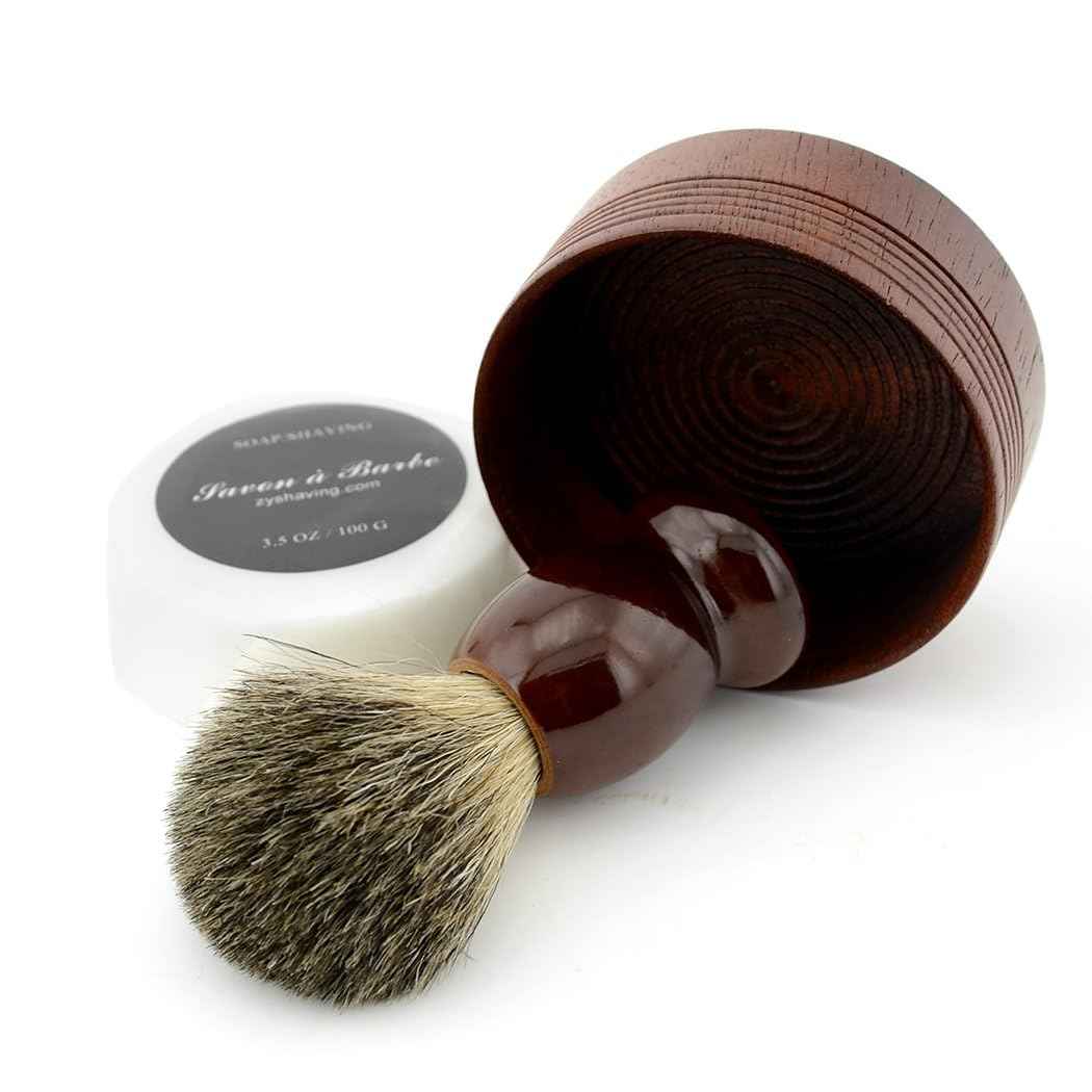 Pure Badger Hair Shaving Brush Natural Wood Mug Bowl Hand-Made Soap Barber Set