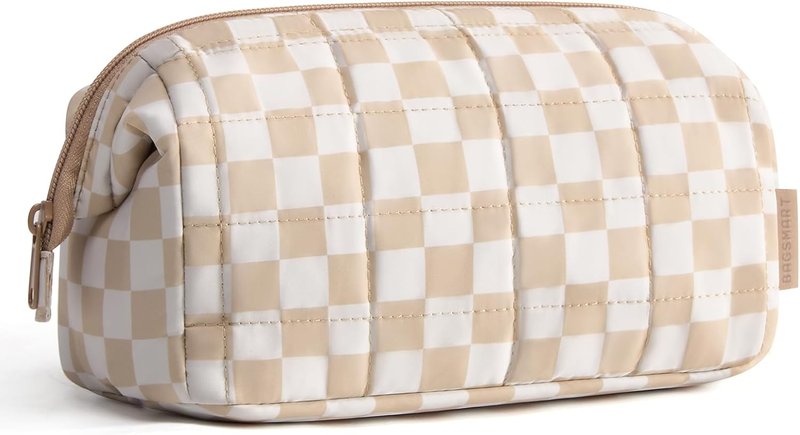 Makeup Bag - Travel Toiletry Organizer for Women | Padded Checkered Khaki Case with Wide-Open Design