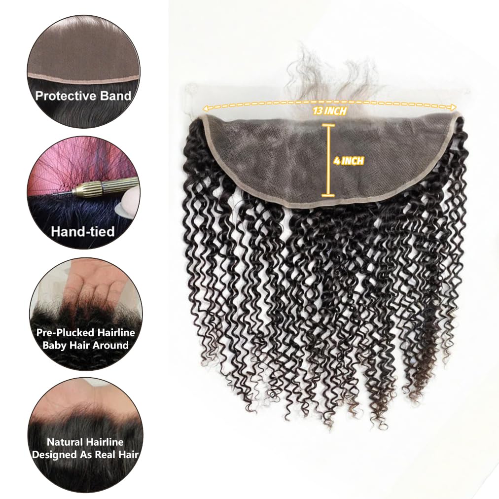 13x4 Lace Frontal Closure Kinky Curly Human Hair Ear to Ear Frontal HD Lace Pre Plucked 16 Inch Free Part Brazilian Hair Extensions 150% Density Natural Black
