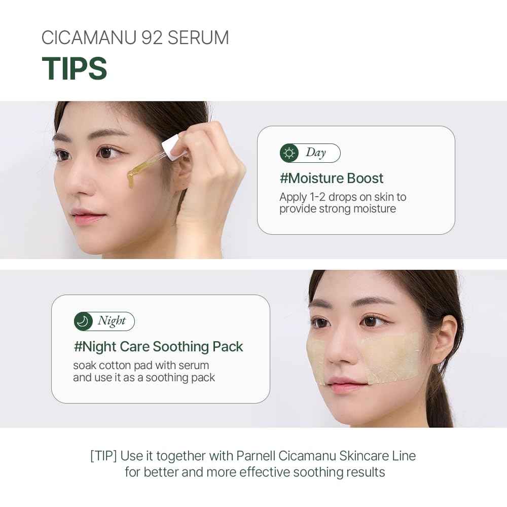Parnell Cicamanu 92 Serum (1.01 Fl Oz) 30ml | Melatonin, Centella Asiatica | Ceramide for Overnight Recovery & Soothing Irritated Skin | Targets Hyperpigmentation & Deep Hydration | Korean Skin Care