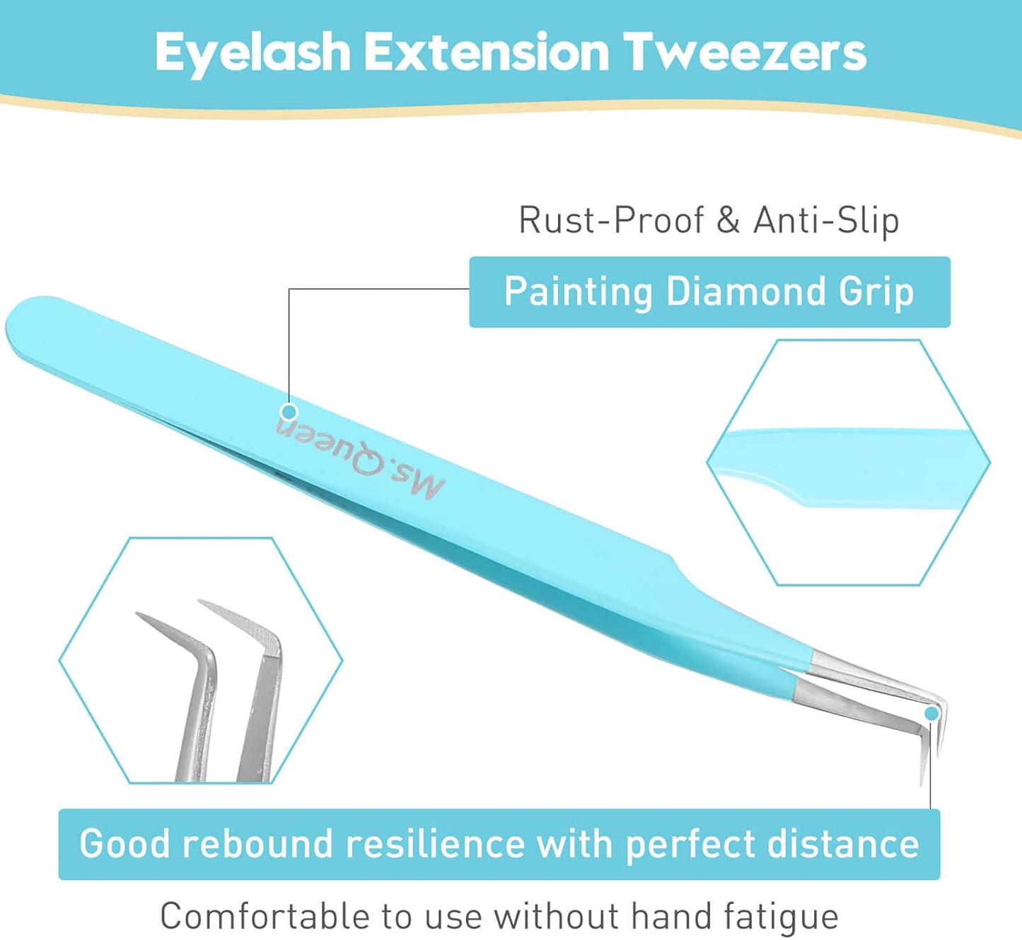 Lash Tweezers for Eyelash Extensions - Professional 5-Piece Curved Isolation Set | Blue Fiber Tip
