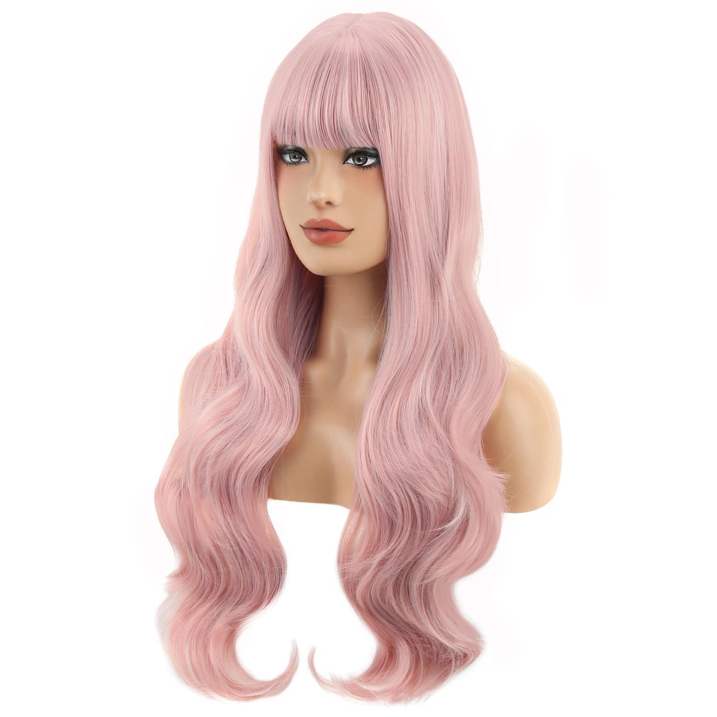 Pink Long Wavy Wig with Bangs - Synthetic Hair for Daily Wear | Perfect for Parties