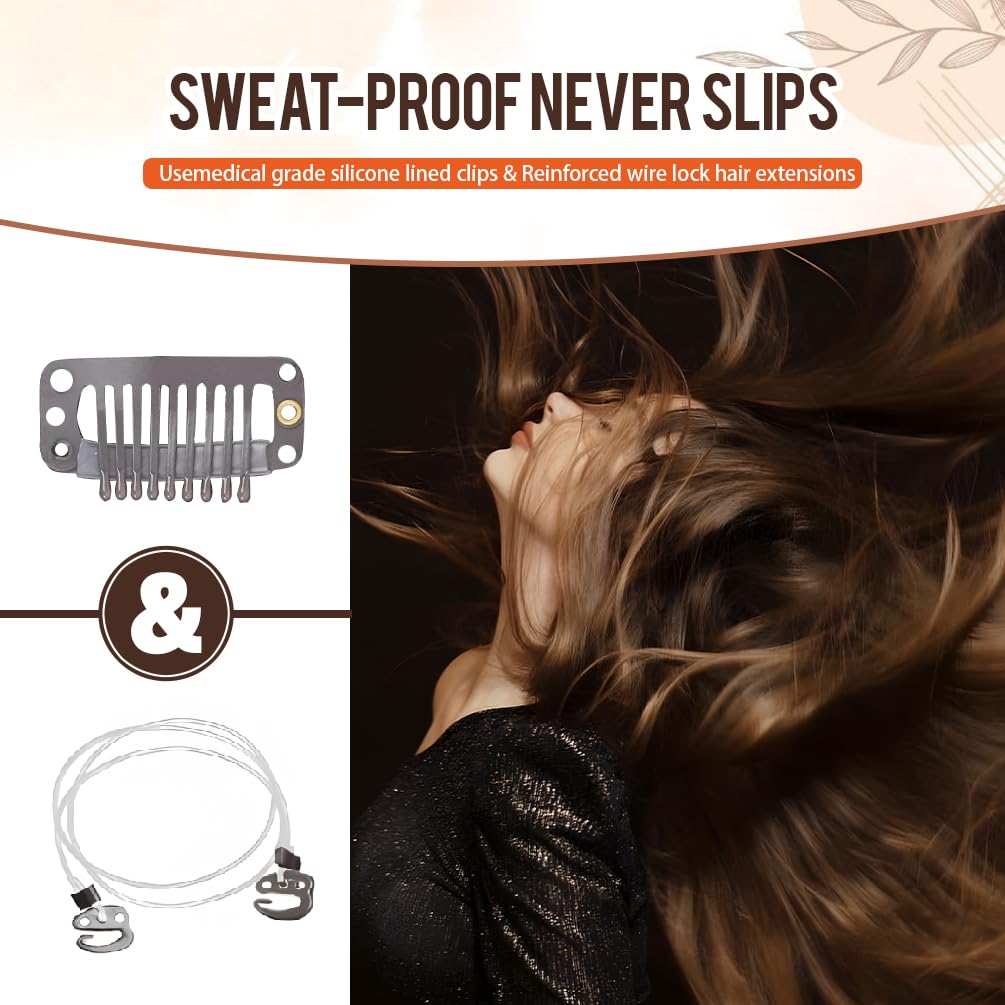 Invisible Wire Hair Extensions Real Human Hair - 14 Inch 70G Chestnut Brown Transparent Fish Line Clip-Ins Hair Piece, 100% Remy Human Hair Extensions for Women