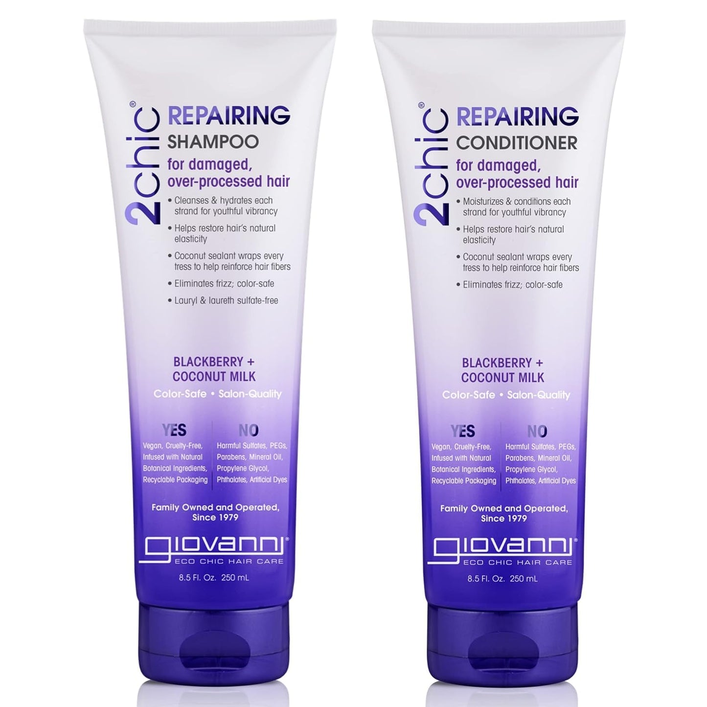 GIOVANNI 2chic Ultra-Repairing Shampoo & Conditioner Set - Bond Repair for Over-Processed Hair, Helps Restore Natural Elasticity, Blackberry & Coconut Oil, Shea Butter, Color Safe - 8.5 oz Each