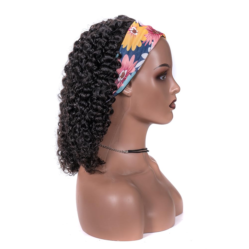 YANZIJF 14 Inch Headband Wig Human Hair Jerry Curly Headband Wigs for Black Women Glueless None Lace Front Wig Full Machine Made Curly Wave Headband Wigs Natural Color (curly Headband Wigs)