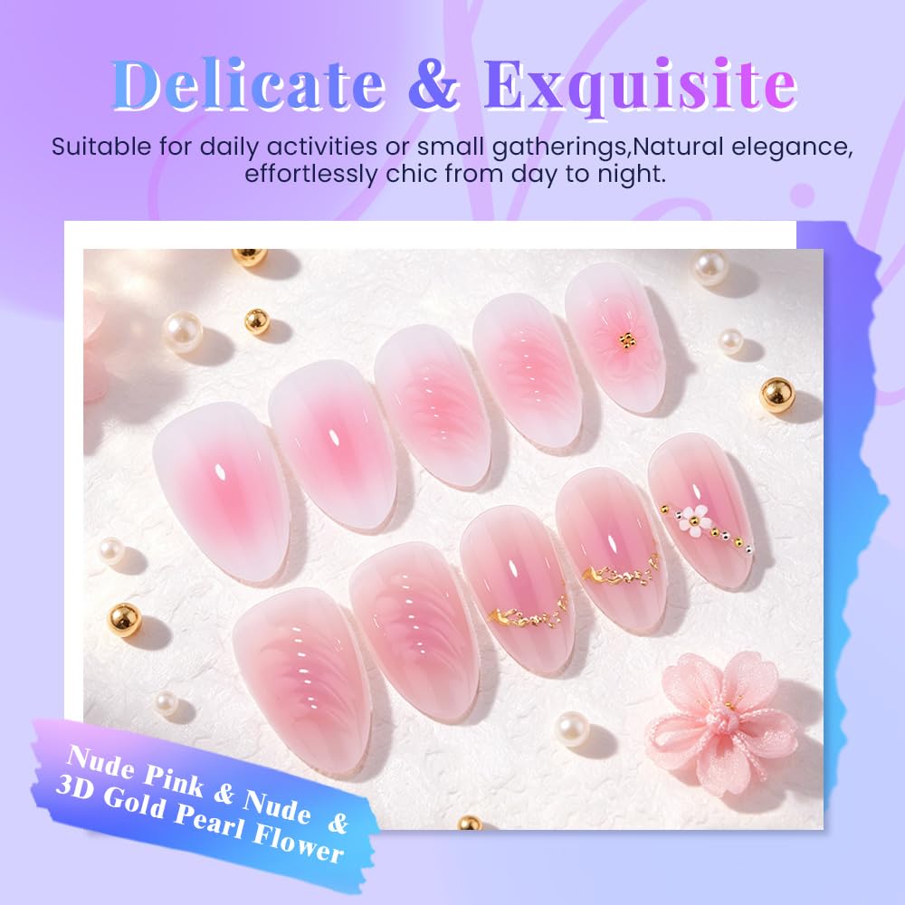XZMeiLun 3D Flower Press On Nails Short Almond – Pink White Ombre Gold Line Designs, Acrylic Reusable Fake Nails with Adhesive Tabs Glue, Salon Quality Nail Press Ons - Nail Kit for Women Manicure