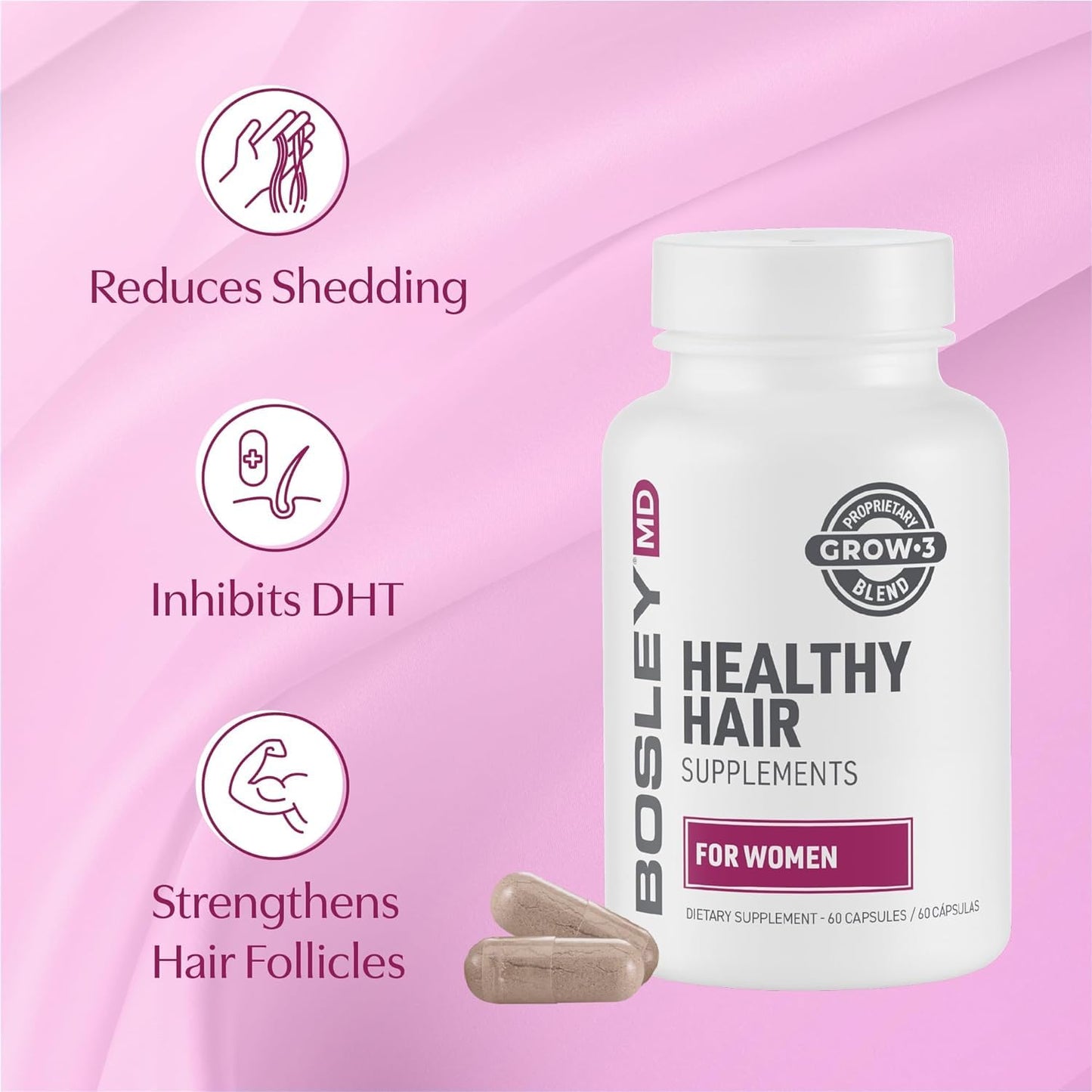BosleyMD Women's Hair Growth Supplements - Thicker, Fuller Hair with DHT-Blocking Botanicals | 60 Capsules (2-Month Supply)