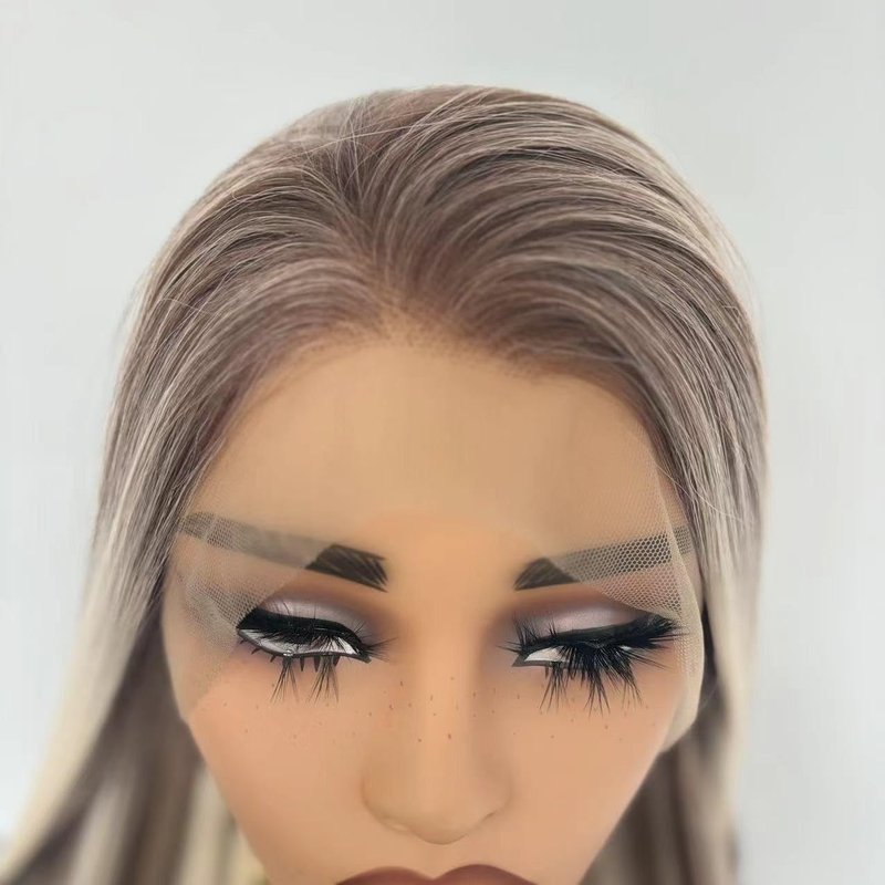 Greenmirr Highlighted Ash Blonde Lace Front Wig 13x4 Lace Long Straight Heated Synthetic Ombre Brown Blonde Lace Front Wig for Women Daily Cosplay 24in