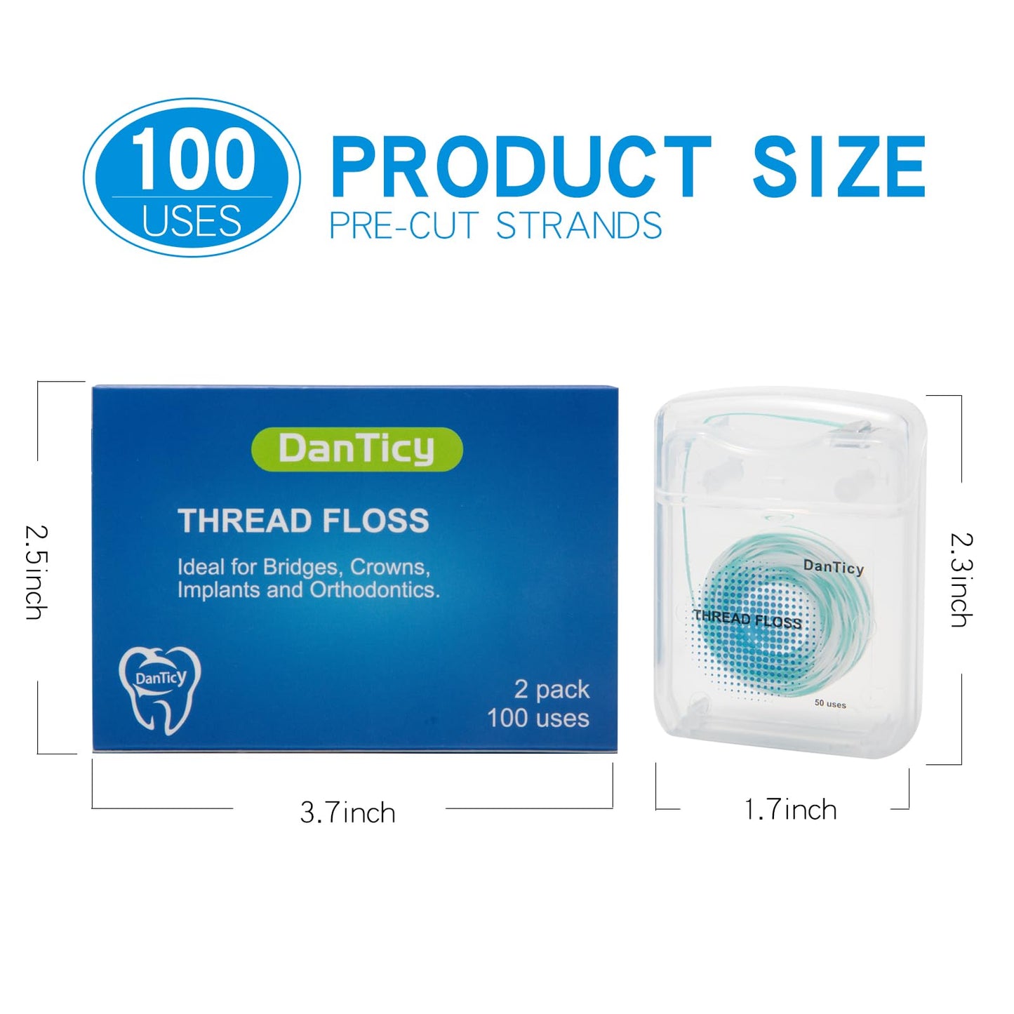 2-in-1 Threader Floss for Braces & Bridges, 100 Pre-Measured Expanding Strands, Stiffened Tip & Fluffy Tail Dental Floss for Deep Cleaning