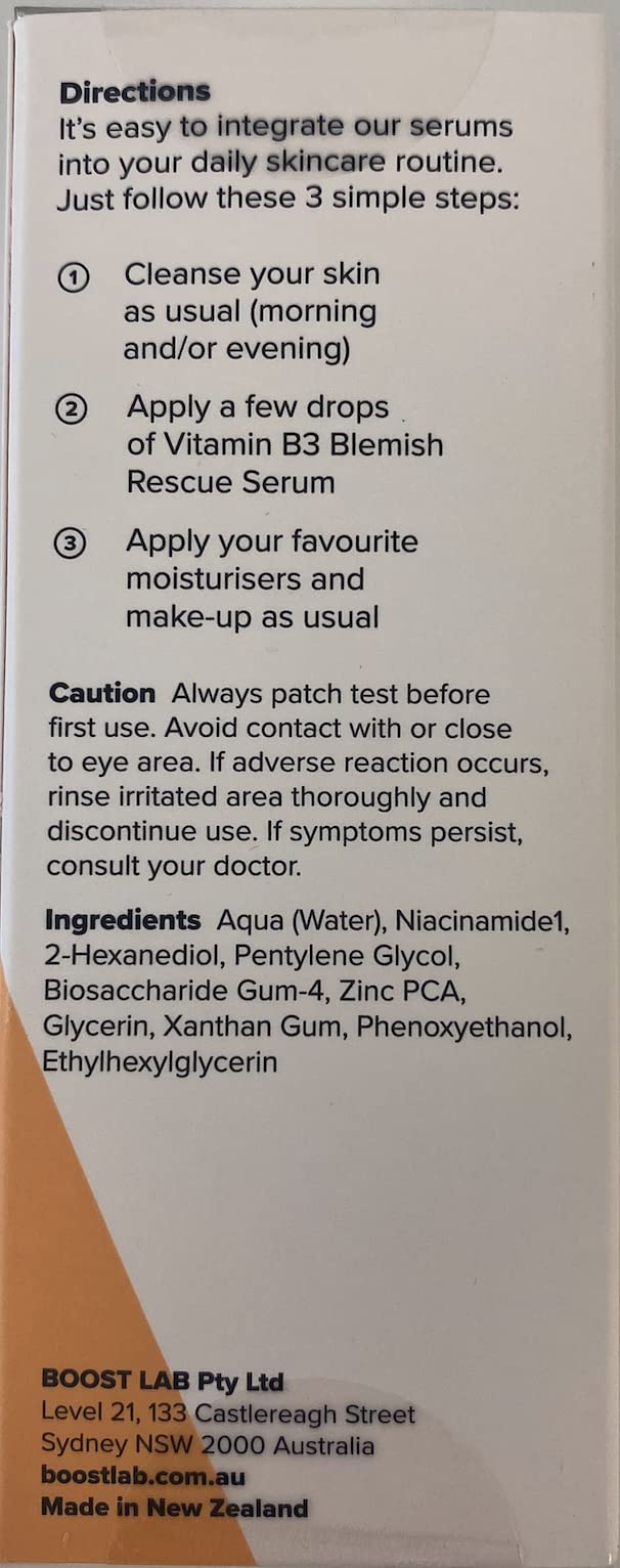 BOOST LAB Vitamin B3 Blemish Rescue Serum - Reduce Skin Blemishes, Acne, Enlarged Pores, Redness and Oily Skin - Simple, Pure & Potent - Paraben, Sulphate, Fragrance & Cruelty Free - 30 ml (1 fl oz)