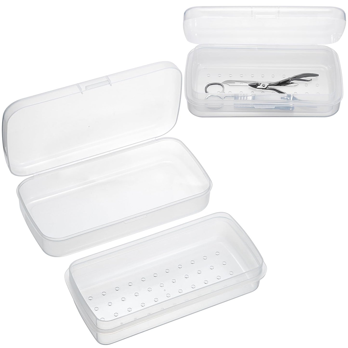 JUXYES 2 PCS Plastic Sterilizing Tray for Nail Art Accessories Tools, Portable Nail Art Tool Sterilizer Tray with Strainer, Fully Transparent Storage Box Organizer for Tweezer Manicure Tools