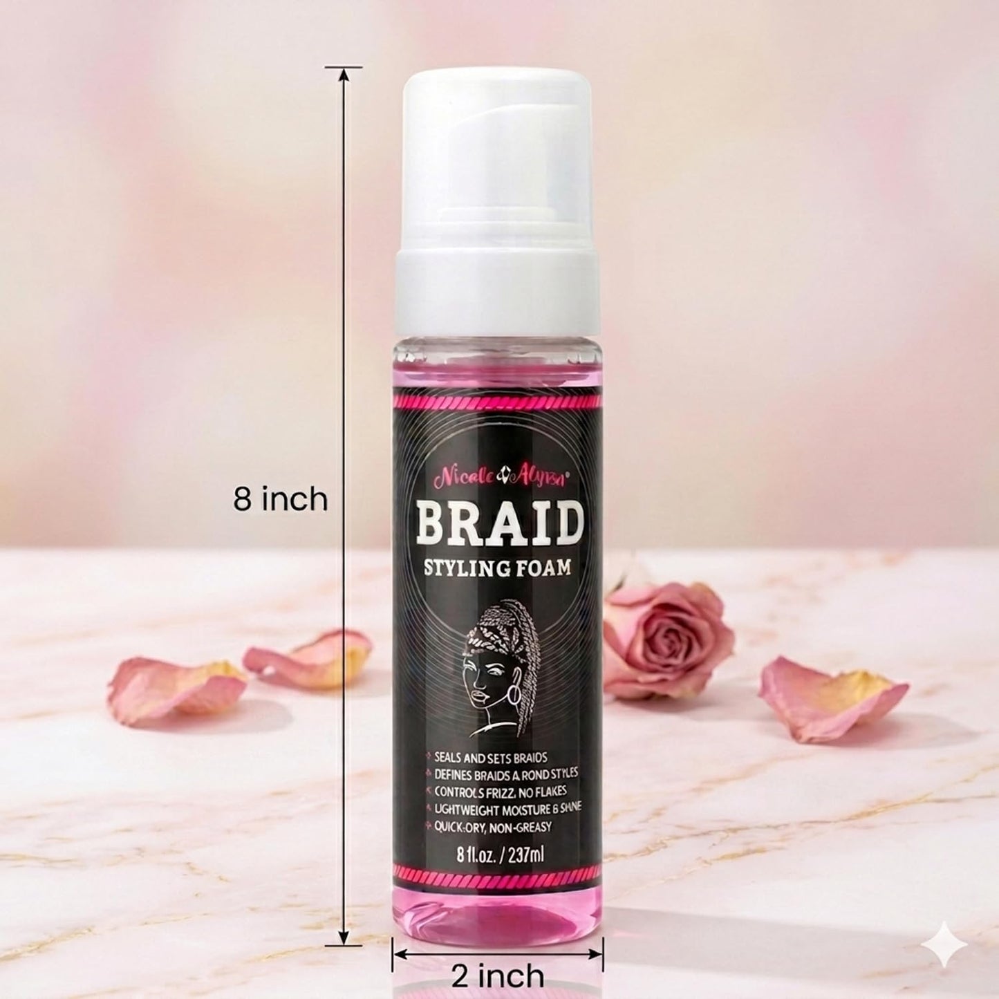Nicole & Alyssa Braid Styling Foam 8oz – Extra Hold Foam Mousse for Braids, Boho Braids, Crochet Styles, Twists & Locs – High Shine, Flake-Free & Lightweight
