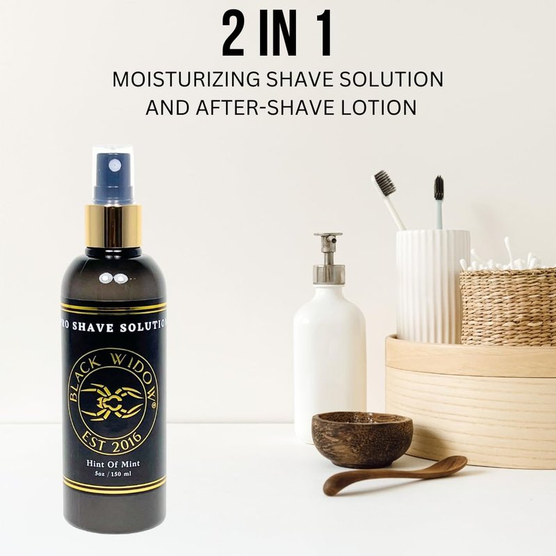 Black Widow Pro Shave Solution – No-Mess Shave Spray Lotion with Hint of Mint, Hydrating Slick Shaving Lotion for Men & Women, Reduces Razor Burn & Skin Irritation for Smooth, Comfortable Shaves