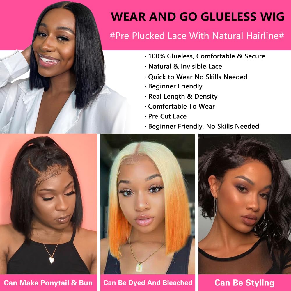 Wear and Go Glueless Bob Wigs Human Hair Pre Plucked Natural Hairline Straight Short Bob Wig 180 Density 4x4 HD Lace Closure Wig Human Hair for Women Brazilian Virgin Hair Natural Black 8 Inch