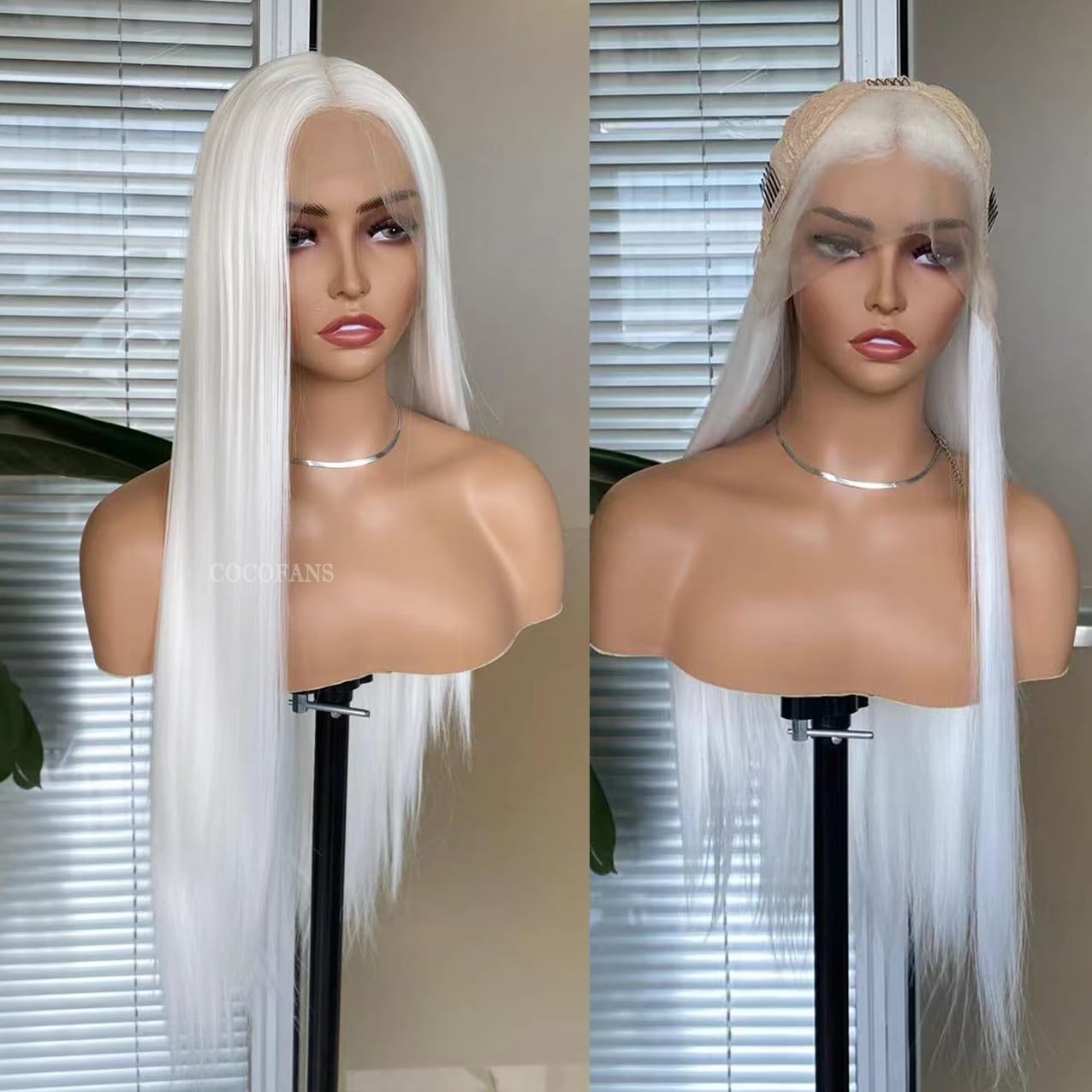 COCOFANS Long Silky Straight White Synthetic Lace Front Wigs for Women