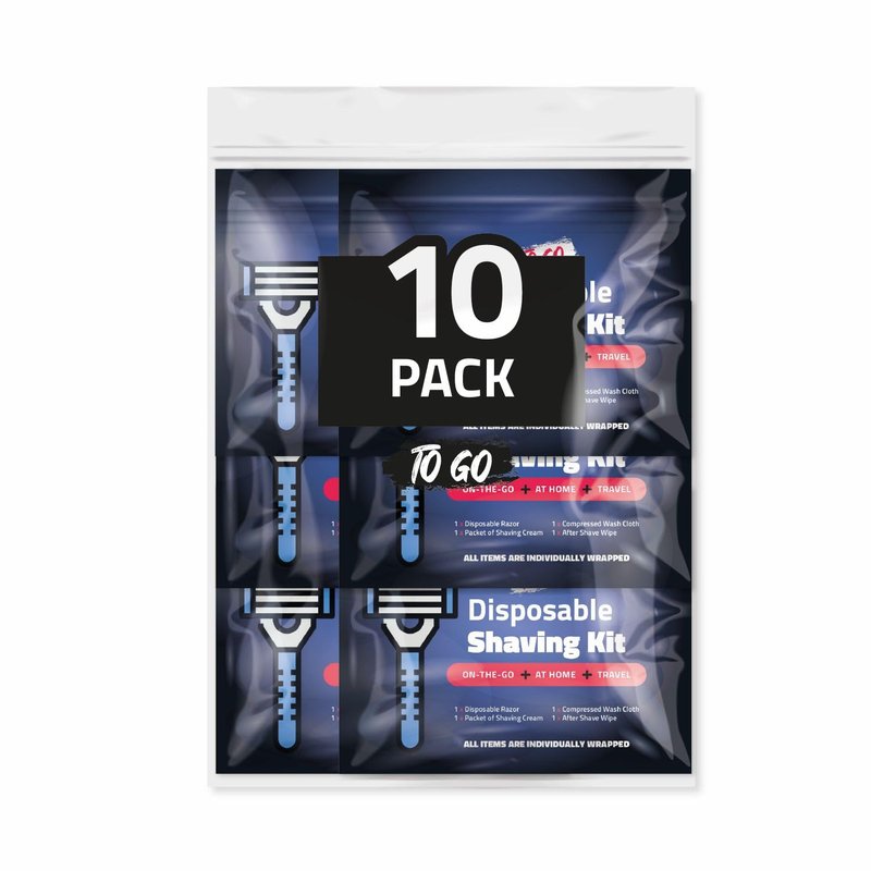 On-the-Go Shaving Kit – Disposable Razor, Shaving Cream, Washcloth & Aftershave Wipe – Travel Friendly, Grooming Essentials for Hygiene when on the Go - Black (10)