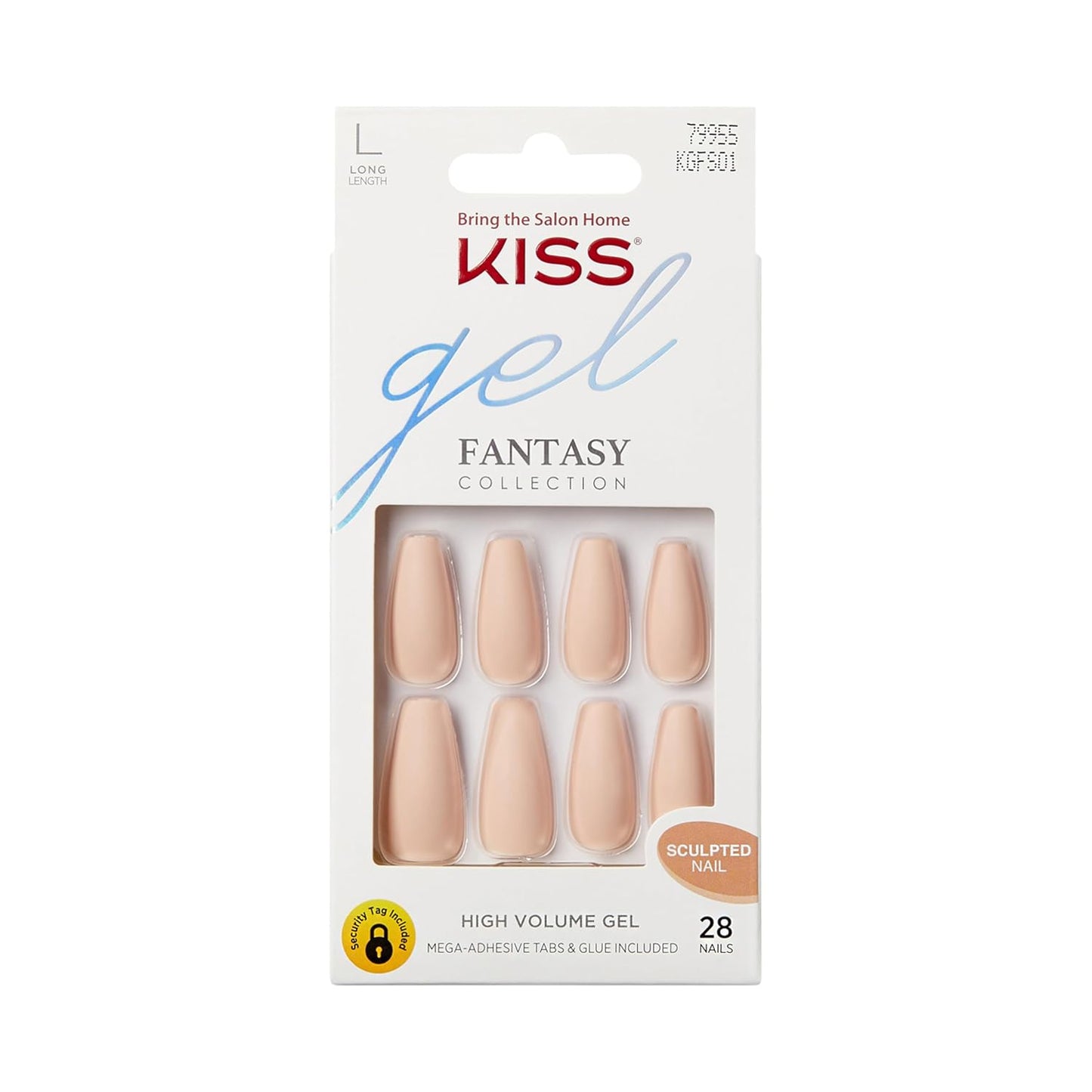 KISS Gel Fantasy Press-On Nails - Beige Coffin Shape, Long Size | Includes 28 Nails & Nail Glue