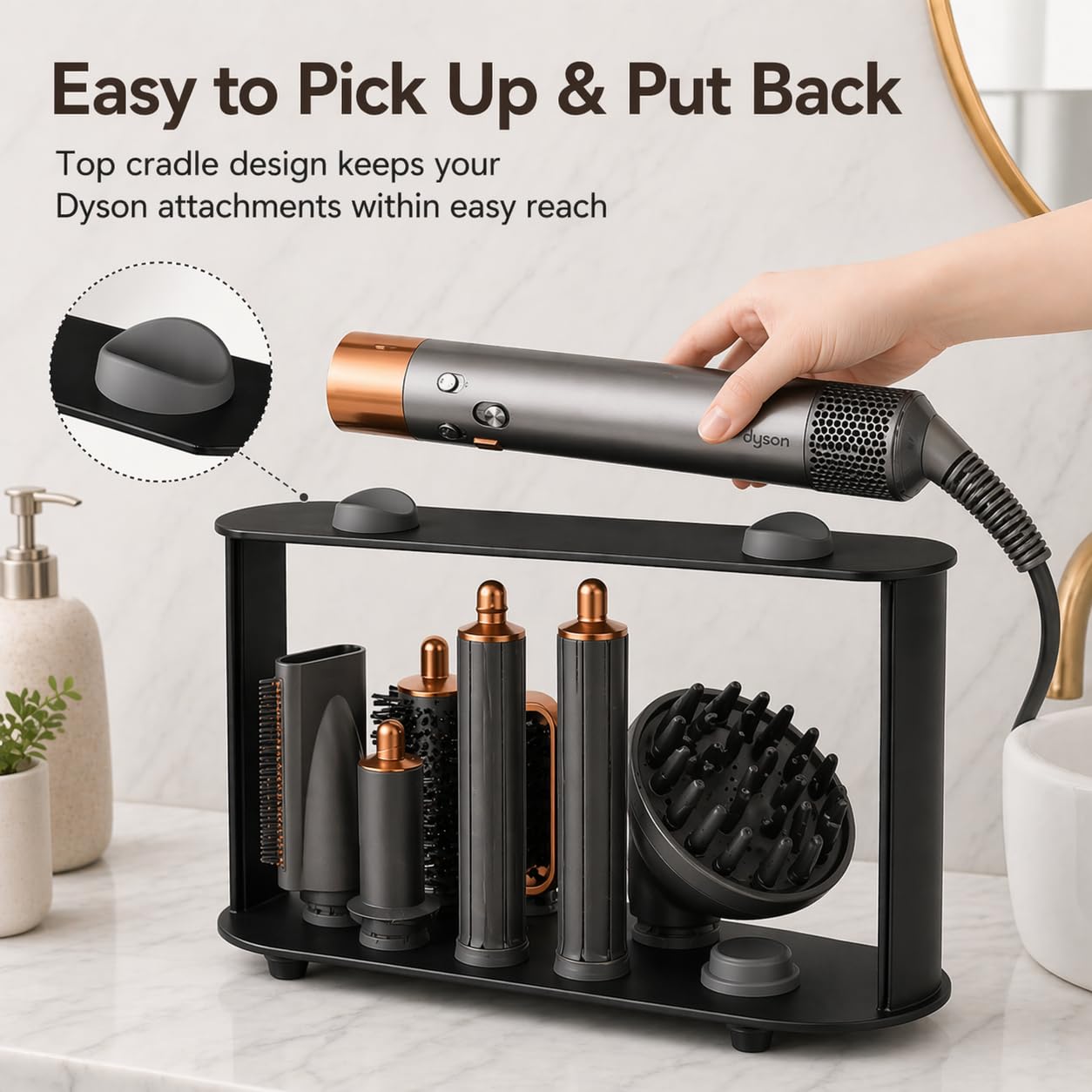 Lasvea Holder for Dyson Airwrap Attachments| 8 Holes Metal Storage Rack with Protective Silicone Pad | Countertop Organizer for Dyson Diffuser Accessories & Curling Iron with Self-Adhesive Hook, Black