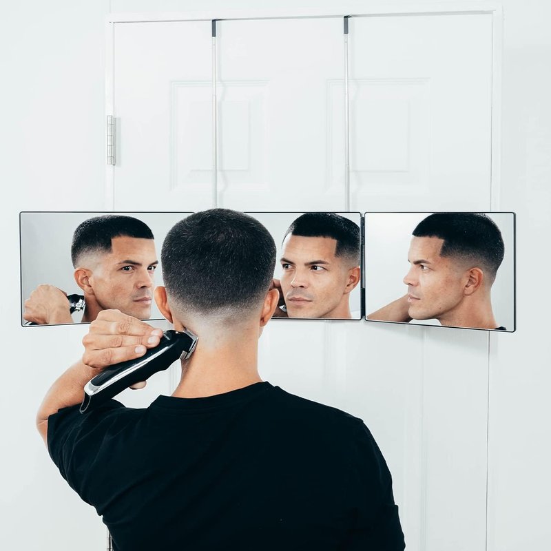 Self-Cut System 3-Way Mirror - Portable Trifold Hair Cutting Mirror | Impact-Resistant Glass, Fits Standard Door, 10.8” L x 1.3” W, Black