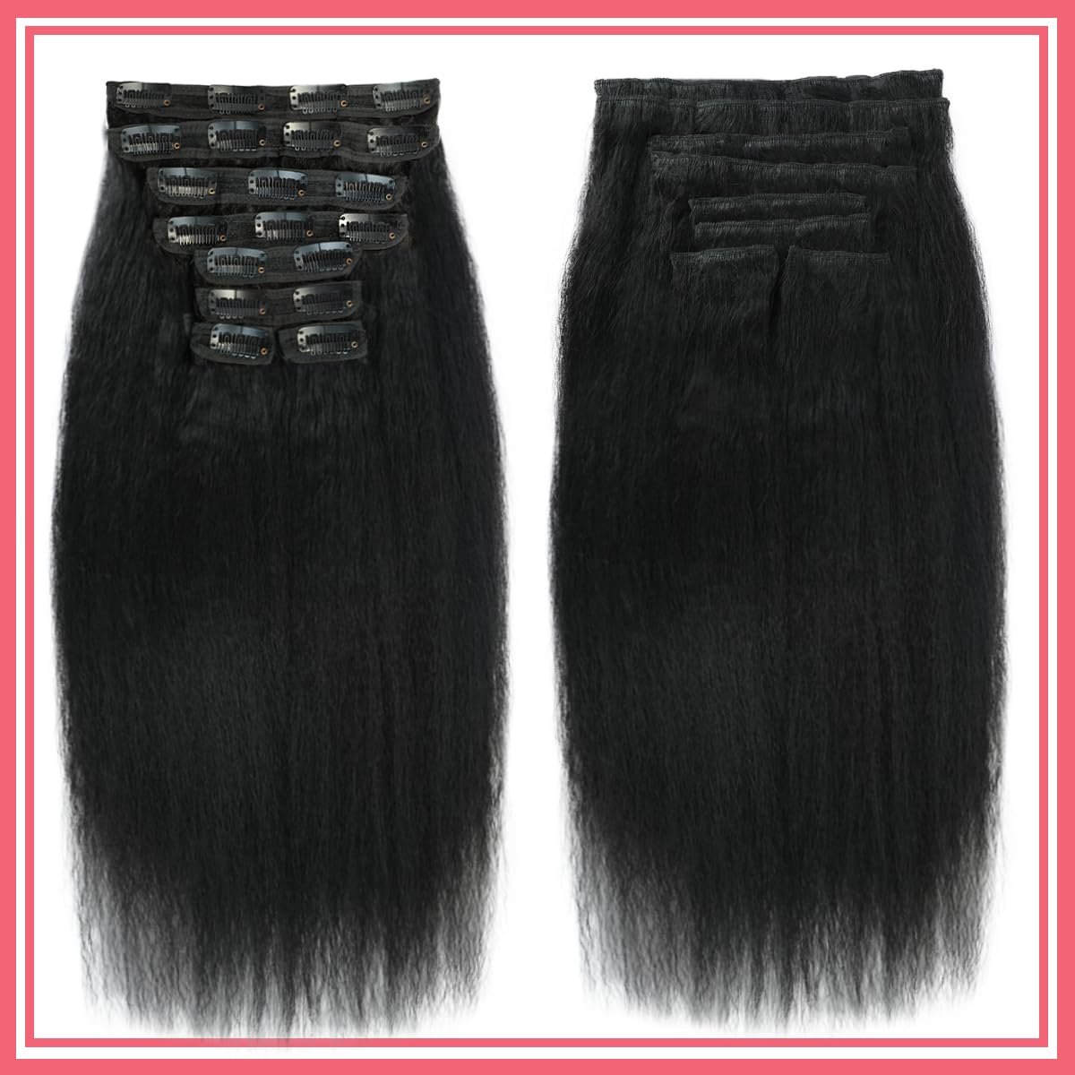 Kinky Straight Clip in Hair Extensions Real Human Hair 8pcs 20Clips Yaki Straight Clip Ins 16Inch 110g Full Head Hair Extensions Brazilian Remy Hair Double Weft Natural Black