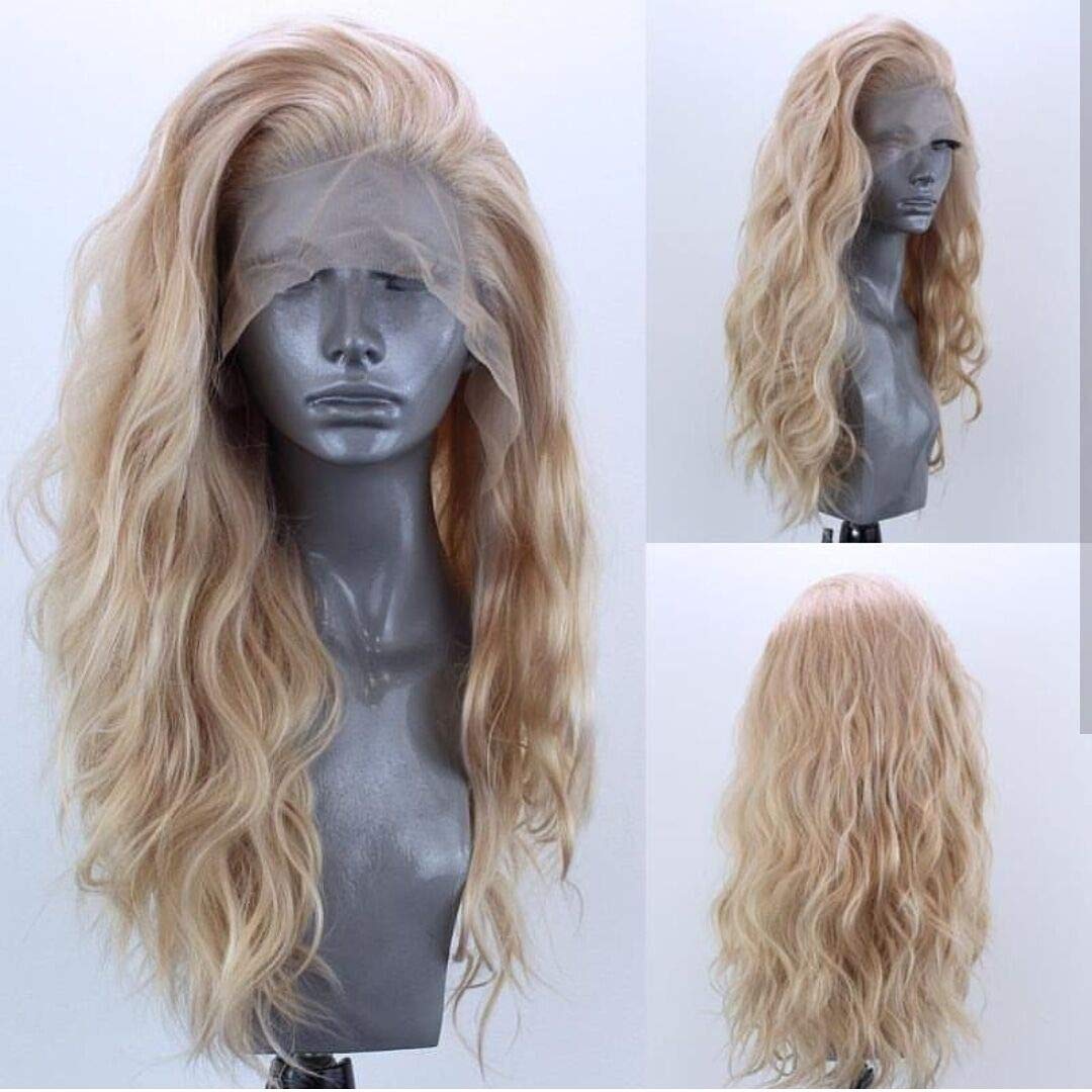 ELESTY Long Natural Curly Glueless Lace Front Wig Gloden Blonde Synthetic Lace Front Wigs for Women Left Part Glueless Heat Resistant Fiber Hair Daily Party Wig …
