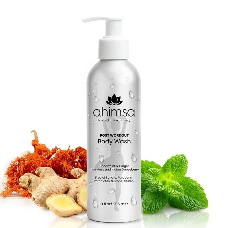Ahimsa Gentle All Natural Body Wash for Women, Moisturizing Body Wash Sensitive Skin, Dry Skin & All Complexions, Invigorating Spearmint & Ginger Antioxidant-Rich, Plant-Based Sulfate Free (10oz)