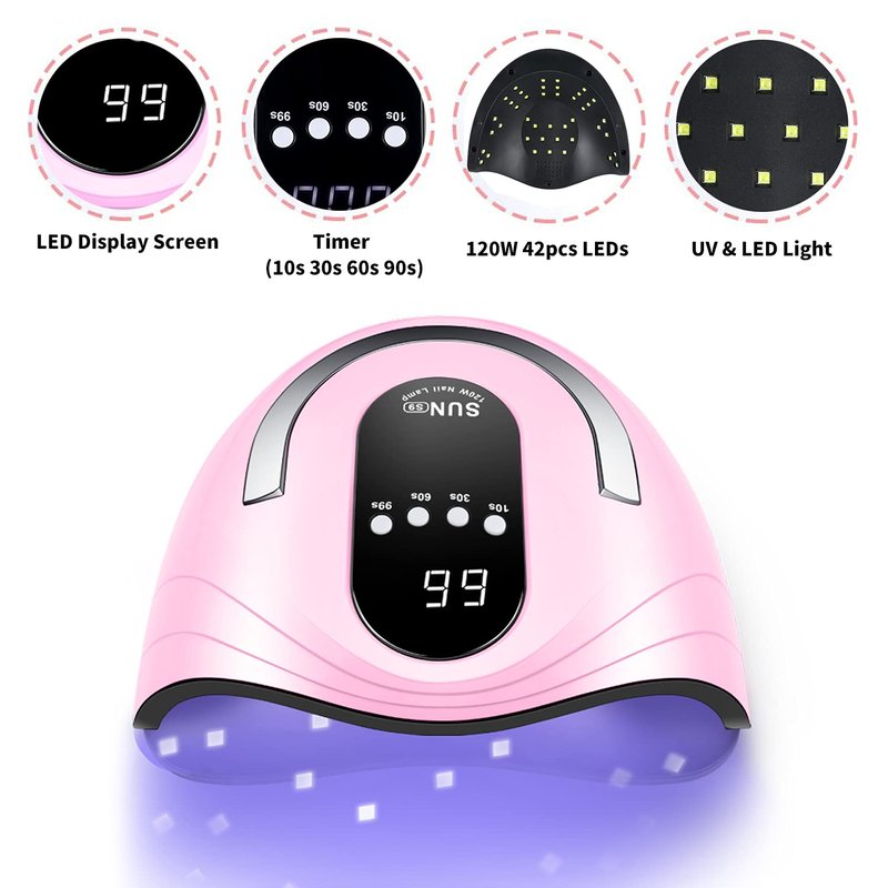 Sunrich UV Gel Nail Lamp 120W LED Nail Light Fast Nail Dryer for Gel Polish Curing with 4 Timers Portable Handle Large Space Automatic Sensor(Pink)