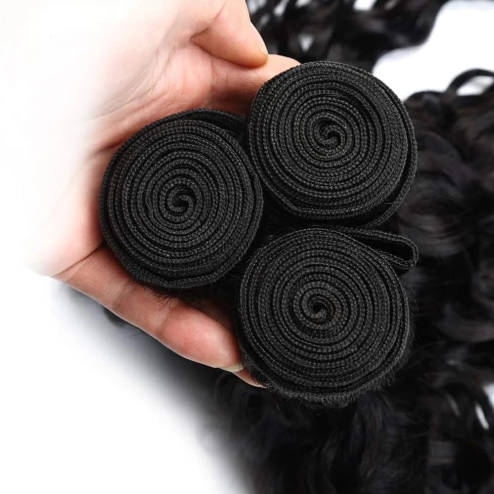 Water Wave Human Hair Bundles 16 18 20 Inch Deep Curly Bundles Human Hair Unprocessed Native Virgin Hair 100/PC 3 Extensions Natural Black Color 1B Wet and Wavy Human Hair Extensions for Women