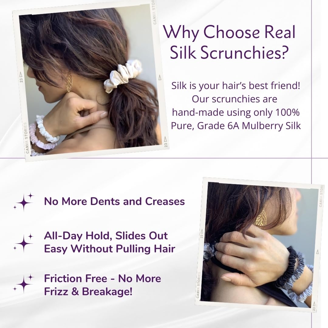 100% Pure Silk Scrunchies - 3 Pack for Frizz Control & Hair Protection | Large (Ivory/Pink/Sand)