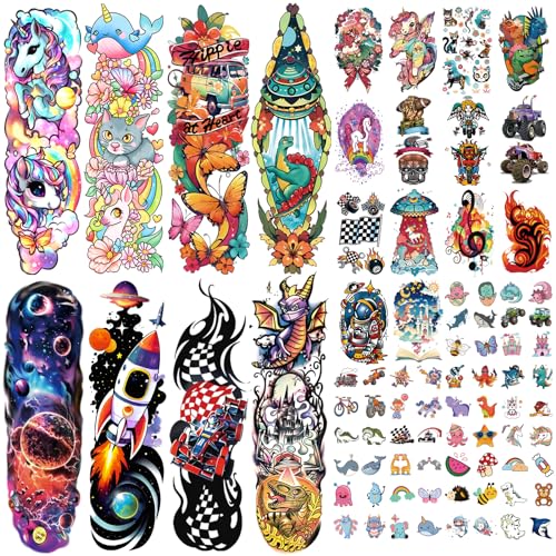 52 Pcs Temporary Tattoo for Kids Full Arm Castle Butterfly Cat Truck Dinosaur Rocket Planet Cute Animal Body Face Fake Arm Tattoos for Girls Boys Tiny Tattoo Stickers Birthday Gifts Party Supplies