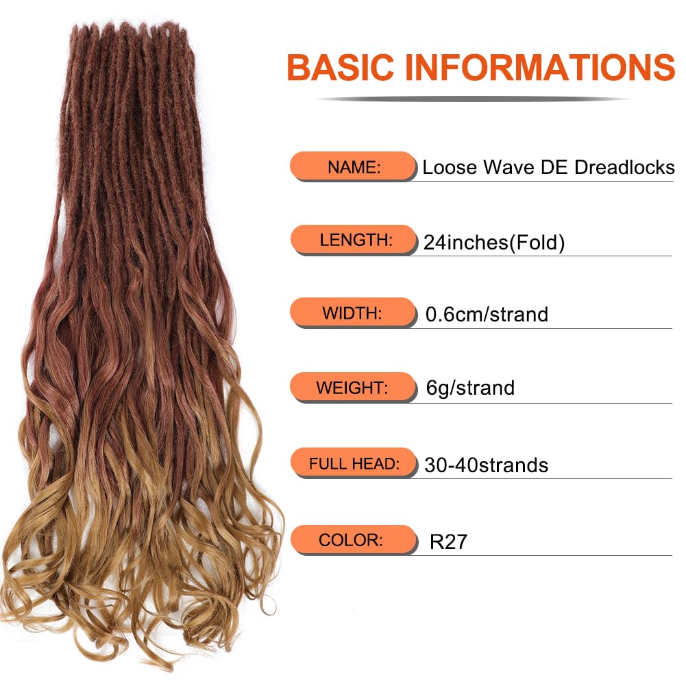 Ajsowju Loose Wave Dreads Synthetic French Curly Double Ended Dreadlock Extensions 24inches 30 Strands Thin Soft Spanish Curly DE Dread Extensions for Women (30 Strands, R27)