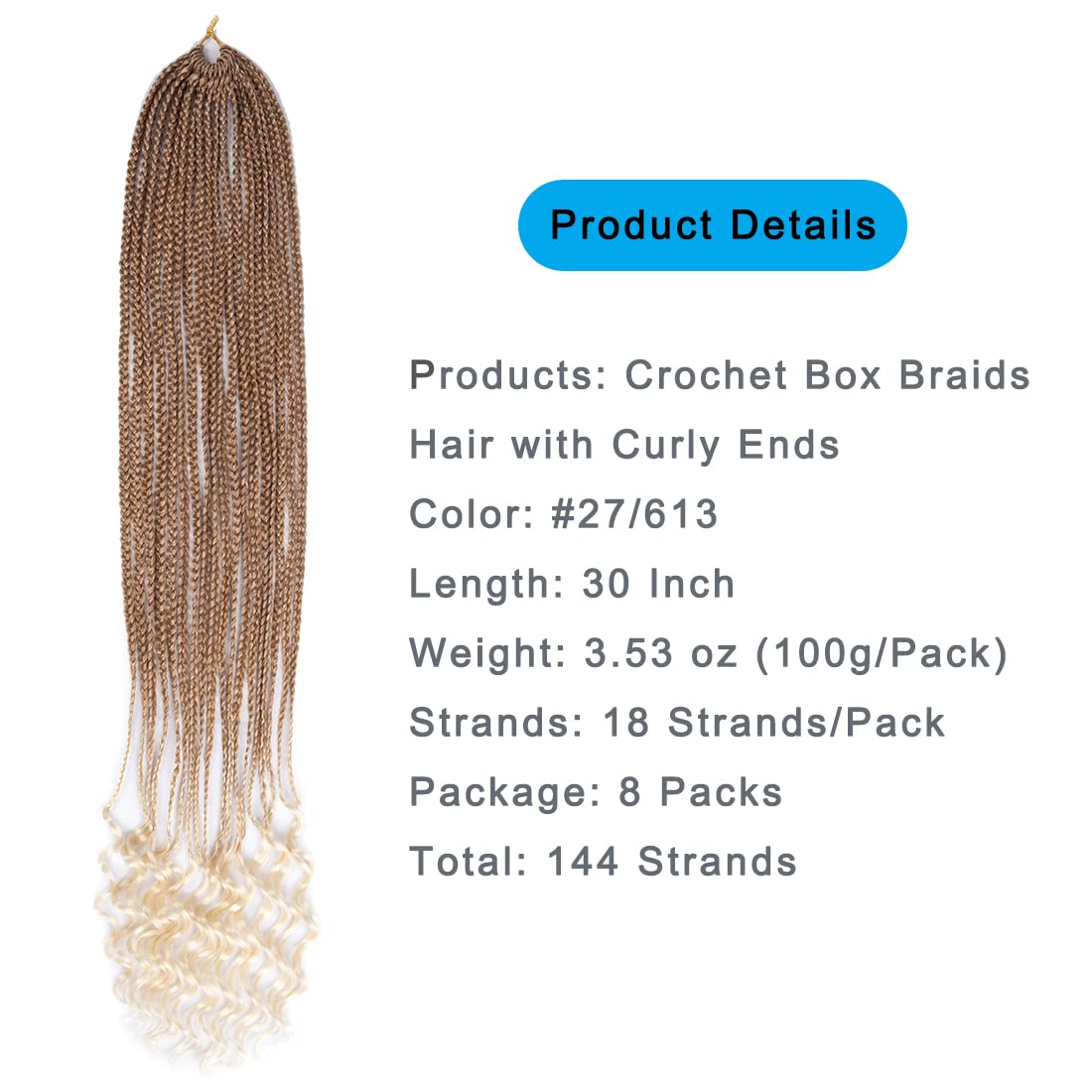 Phosphe 144 Strands Goddess Crochet Box Braids with Curly Ends 30 Inch Pre Looped Box Braids Crochet Hair 8 Packs Curly Crochet Braids for Black Women