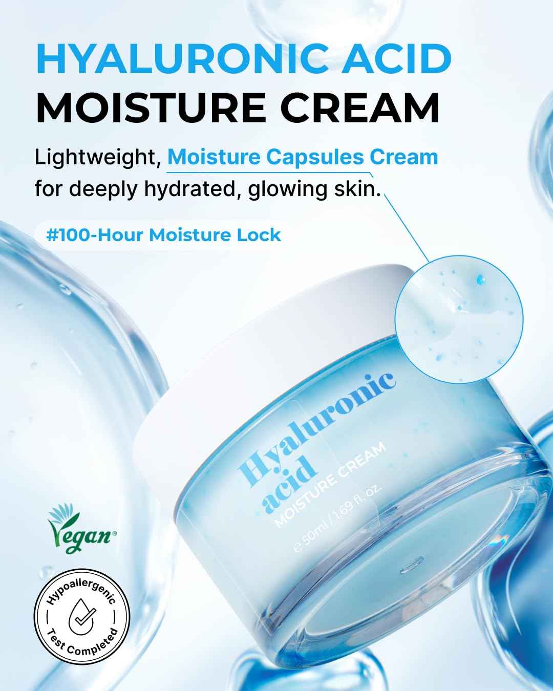 bom Hyaluronic Acid Moisture Cream 1.69 fl oz, Moisturizing Face Cream with Low Molecular Moisturizer Capsules and Vitamins, 100 Hour Hydration, Moisture Lock, Hypoallergenic Vegan Korean Skincare