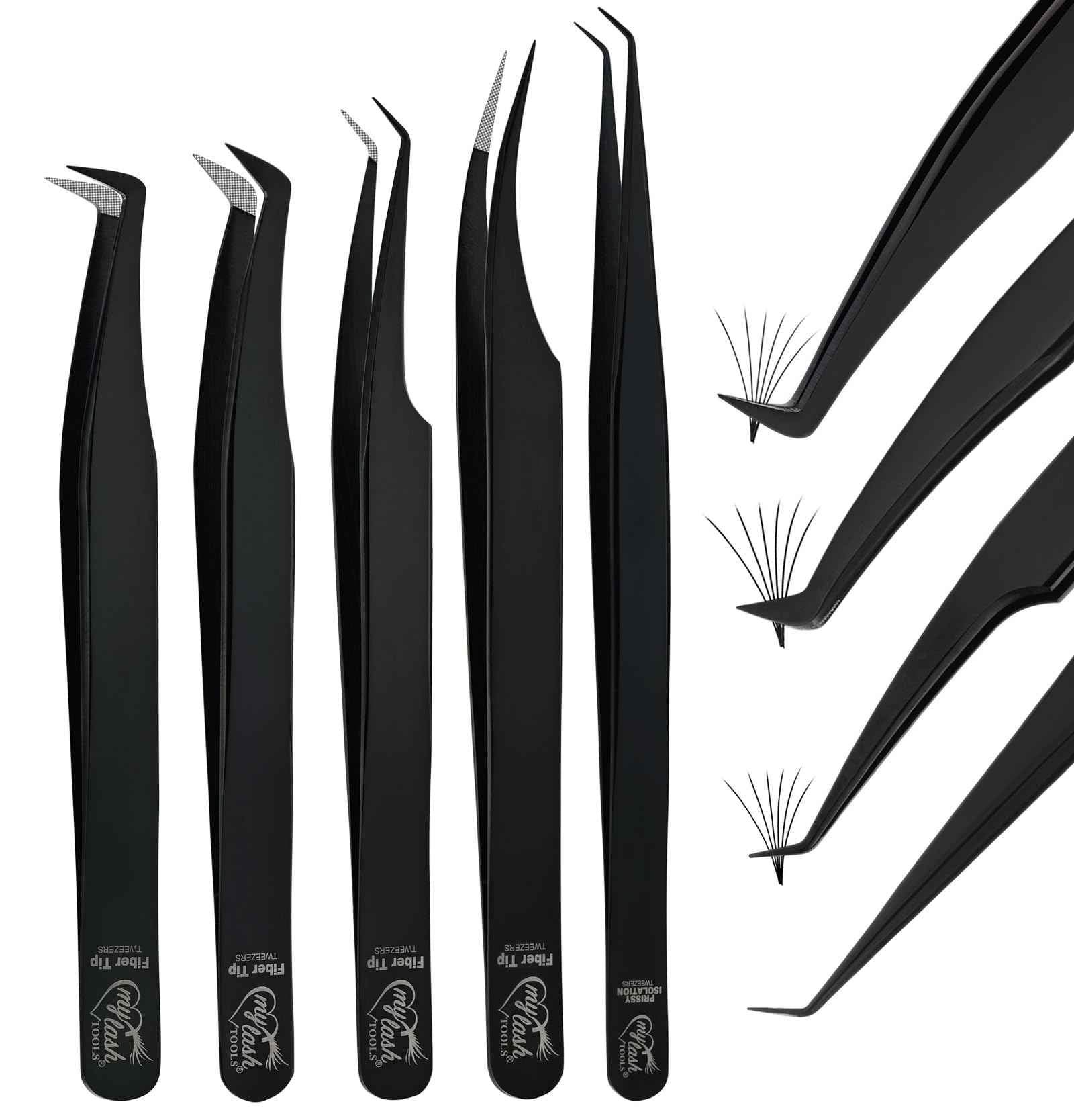 My Lash Tools Fiber Tip Lash Tweezers for Lash Extensions Precision Boot Volume Eyelash Extensions Tweezers Japanese Steel Curved Isolation Tweezer Set Fiber grip tweezers pinzas para (5pcs, Black)