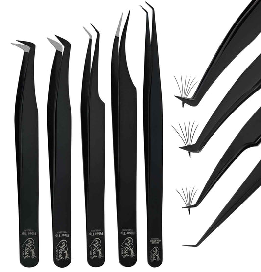 My Lash Tools Fiber Tip Lash Tweezers for Lash Extensions Precision Boot Volume Eyelash Extensions Tweezers Japanese Steel Curved Isolation Tweezer Set Fiber grip tweezers pinzas para (5pcs, Black)