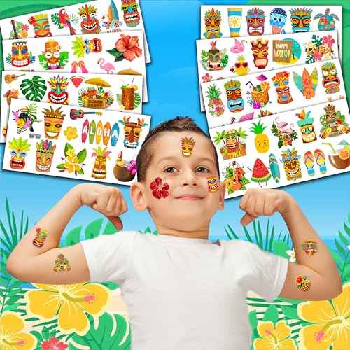 Luau Temporary Tattoos 8 Sheets 99 PCS Hawaiian Party Decorations Favors Supplies Summer Tropical Theme Birthday Cute Stickers Christmas Gifts for Boys Girls Class School Prizes Carnival