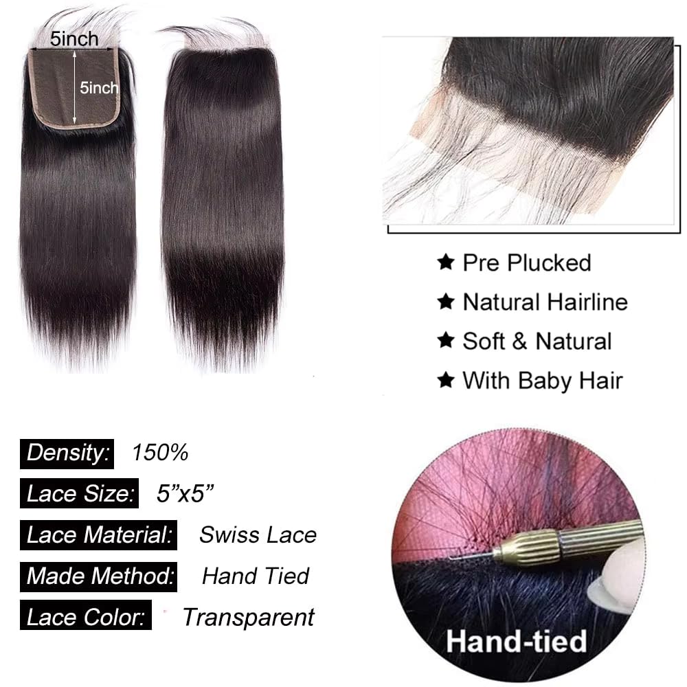 5x5 Lace Closure Straight Closure Human Hair Hd Transparent Lace Front 12A Virgin Human Hair Free Part Pre Plucked with Baby Hair Lace Frontal Natural Black Color 14 Inch
